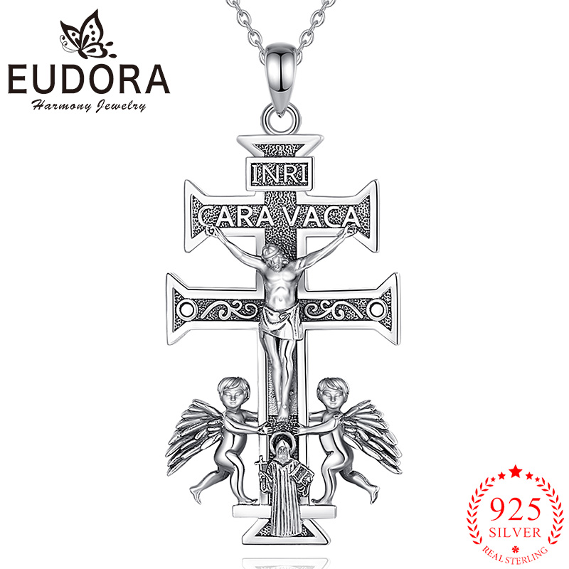 925 Sterling Silver Chain Necklace Men - Eudora 925สเตอร์ลิงคาราวาก้าครอสสร้อยคอพระเยซูคริสต์จี้เครื่องรางทางศาสนานักบุญเบเนดิกต์เครื่องประดับบุคลิกภาพของผู้ชายผู้หญิง