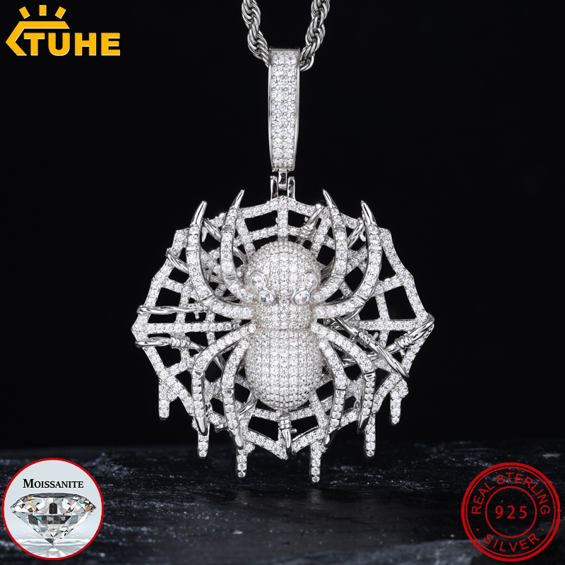 925 Sterling Silver Chain Necklace Men - จี้แมงมุมโมอิสซาไนต์คุณภาพสูง VVS1 เงินแท้ 925 สำหรับผู้ชาย เครื่องประดับฮิปฮอป